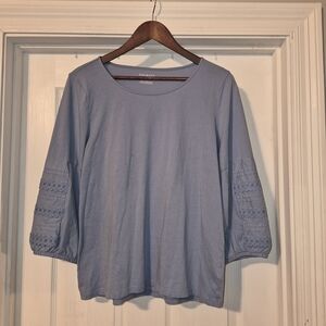 Talbots Women's Light Blue Embroidered Sleeve Tee Large